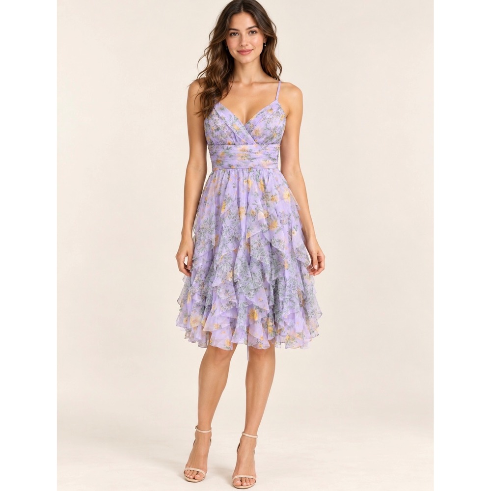 Party Pink Girls Lilac Floral Tulle Ruffle Dress Lace Up Back Size 9 ZM171221